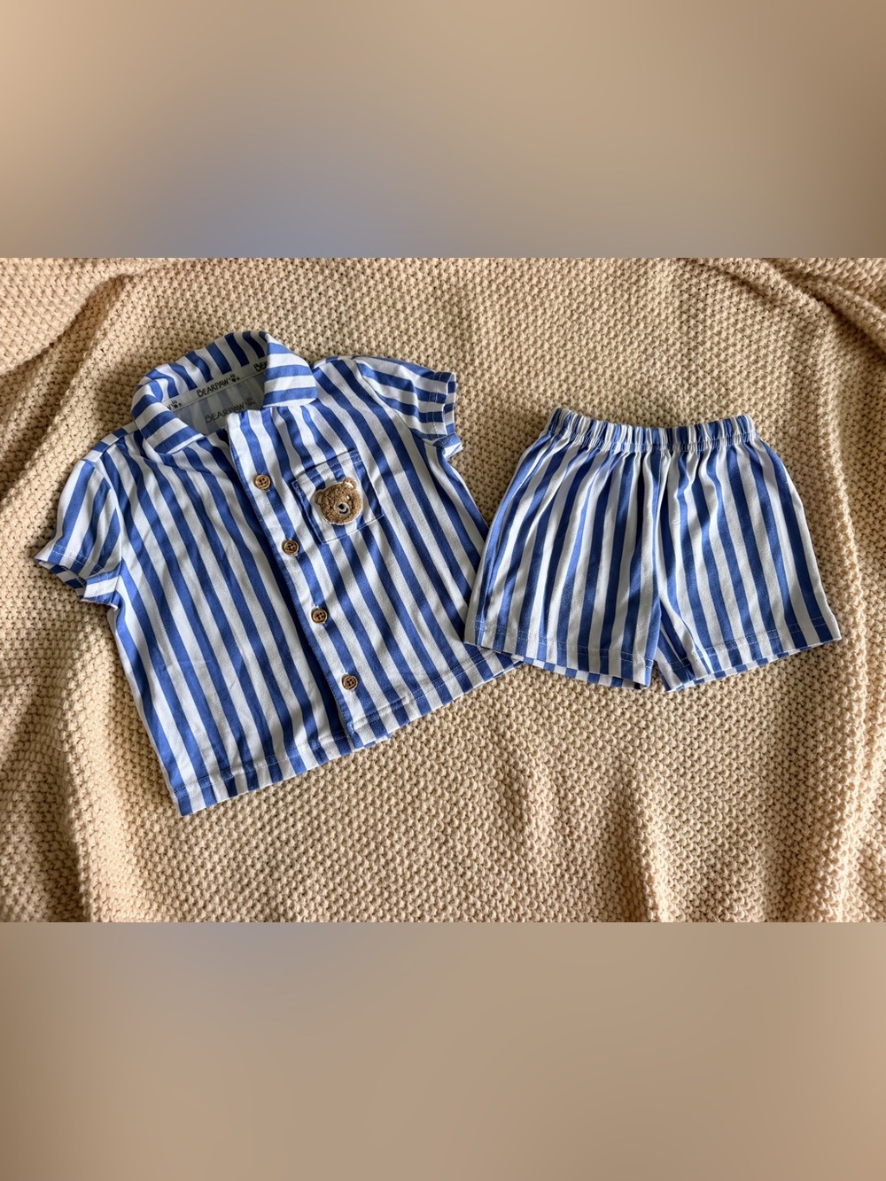 Bearpaw 12M Blue Stripe Bear Pajama Set EUC